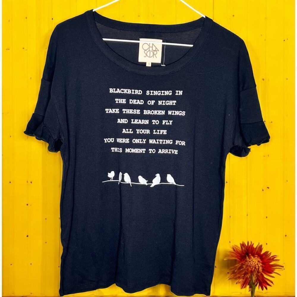 ☀️Chaser The Beatles Blackbird Lyrics Black Short Sleeve Crewneck Tee Size S NWT